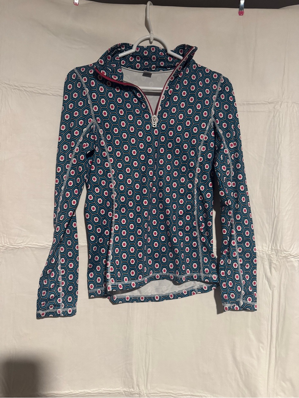 Bogner Teal and Pink Hexagon Quarter-Zip Pullover